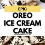 Two square slices of decadent Oreo Ice Cream Cake are stacked on a plate, topped with fluffy whipped cream and Oreo cookie pieces, with more tempting cake pieces visible around them.