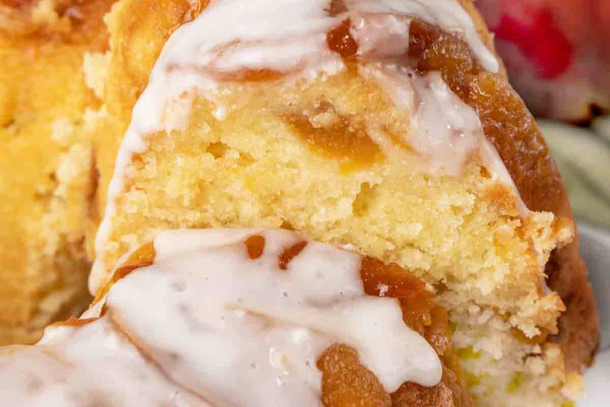A delicious peach poundcake with a white glaze.