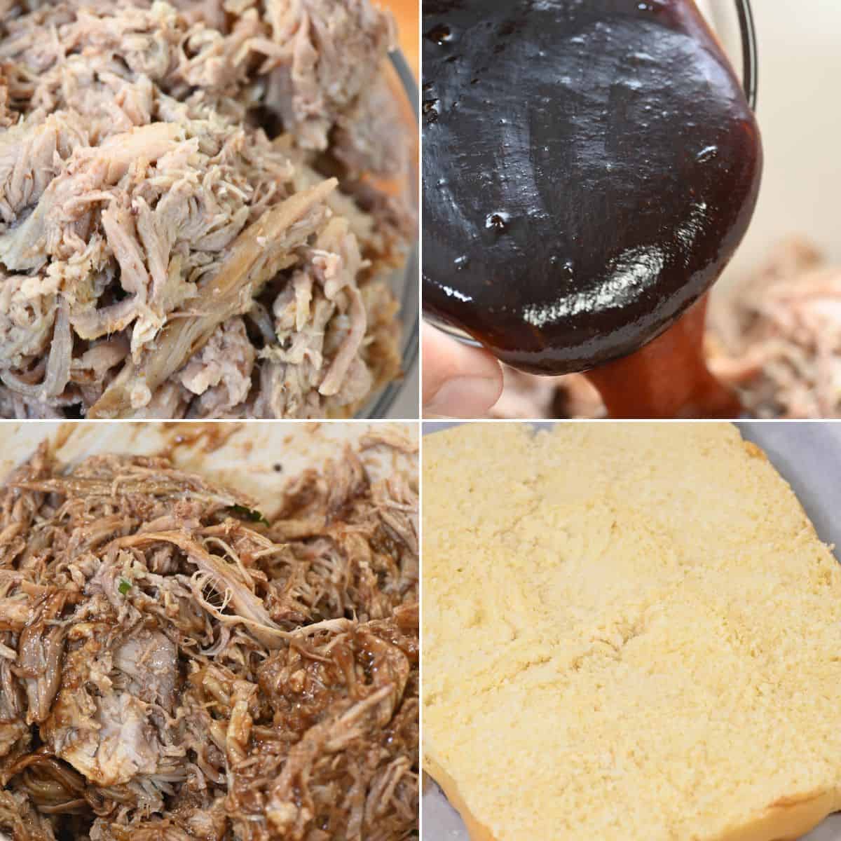 Four images show shredded pork, barbecue sauce being poured, pork mixed with sauce, and a split sandwich bun ready for assembling perfect Pork Sliders.
