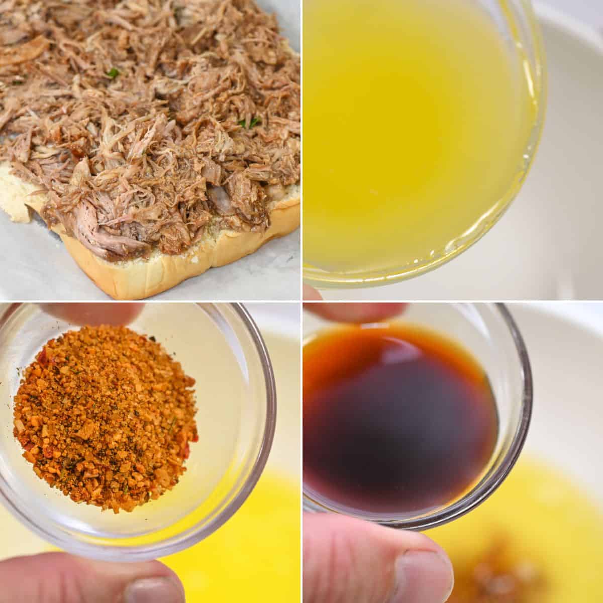 Four images: shredded pork on bread, a bowl of yellow liquid, a small bowl of orange seasoning, and a small bowl of dark liquid—all ingredients for delicious pork sliders shown separately.