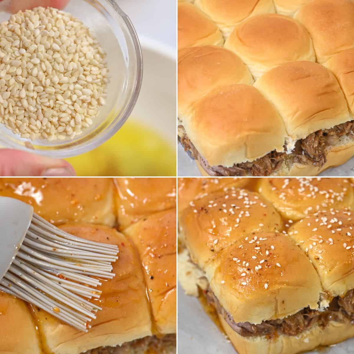 Four-panel image: sesame seeds in a bowl, full tray of baked Pork Sliders, sliders being brushed with sauce, and sliders topped with sesame seeds and sauce.