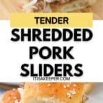 Close-up of shredded pork sliders with cole slaw on sesame seed buns, shown in two images with the text “Tender Shredded Pork Sliders” in bold letters. The juicy shredded pork is served atop soft buns, making these pork sliders a mouthwatering delight.