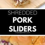 Shredded pork sliders with coleslaw on sesame buns, shown on a wooden board and a baking sheet, highlight the tender flavor of shredded pork in every bite.
