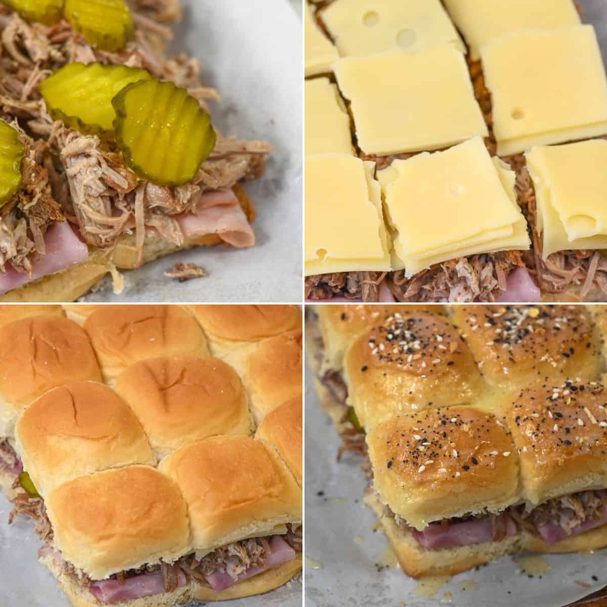 Four-step collage showing assembly of Cuban Sliders with pulled pork and cheese, layered with pickles on square buns and topped with seasoning before baking.