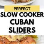 Close-up of cheesy Cuban sliders cooked in a slow cooker on a white plate, filled with shredded meat, pickles, and melted cheese on soft buns, with extra pickles visible in the background.