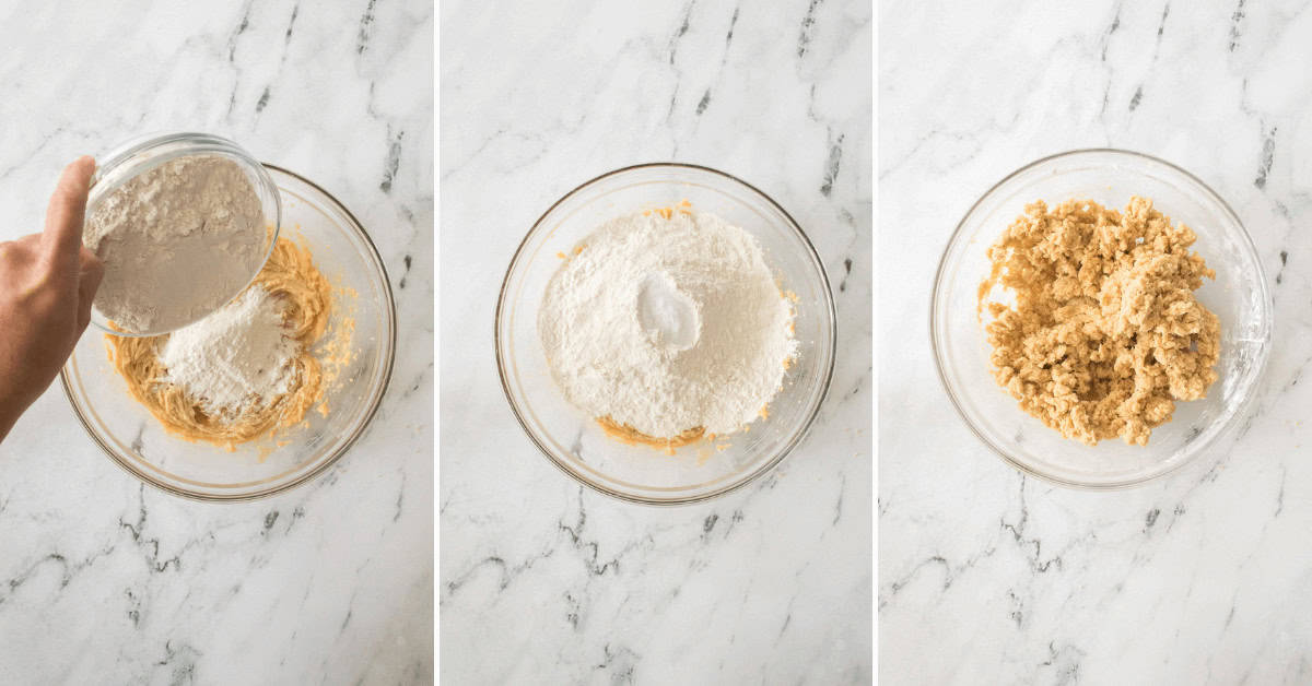 A triptych showing the process of making dough: from adding flour, incorporating it into a mixture for white chocolate cranberry cookies, to achieving a crumbly dough consistency in a glass bowl on a marble surface.