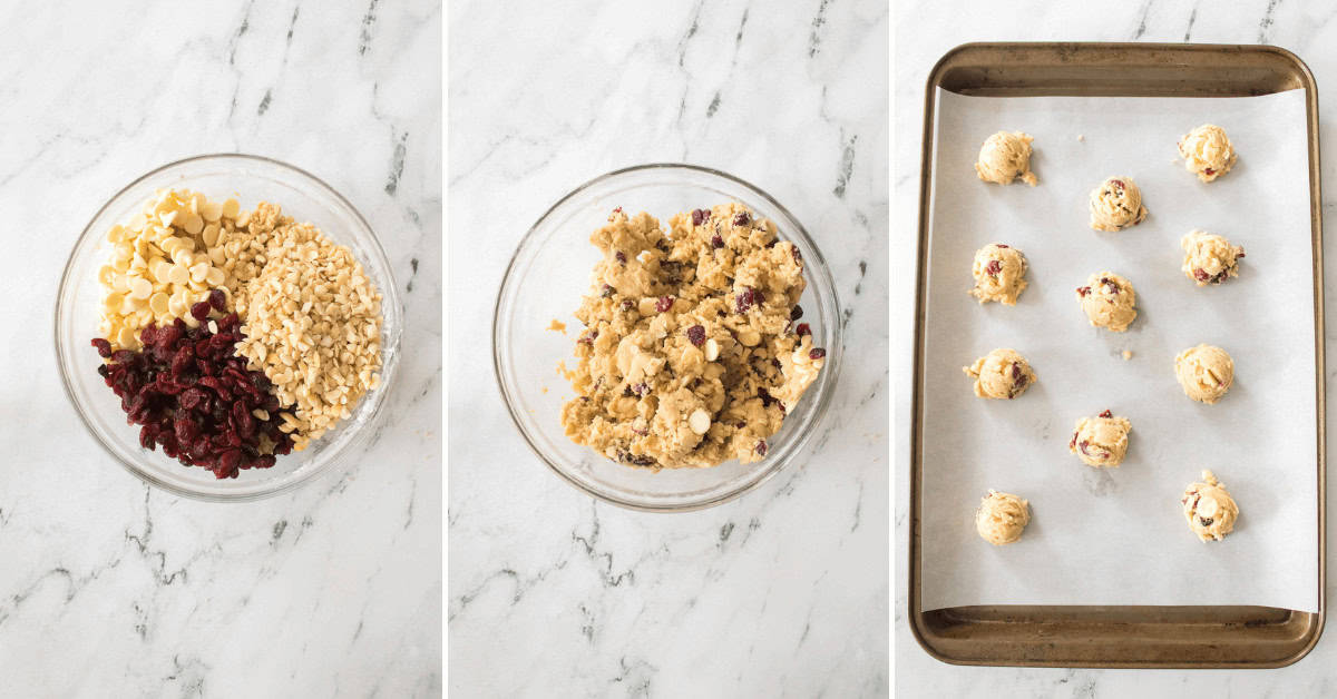 Three images: ingredients in a bowl (oats, white chocolate chips, cranberries), mixed dough in the bowl, and dough balls arranged on a baking sheet with parchment paper. These steps come together to make delicious white chocolate cranberry cookies.