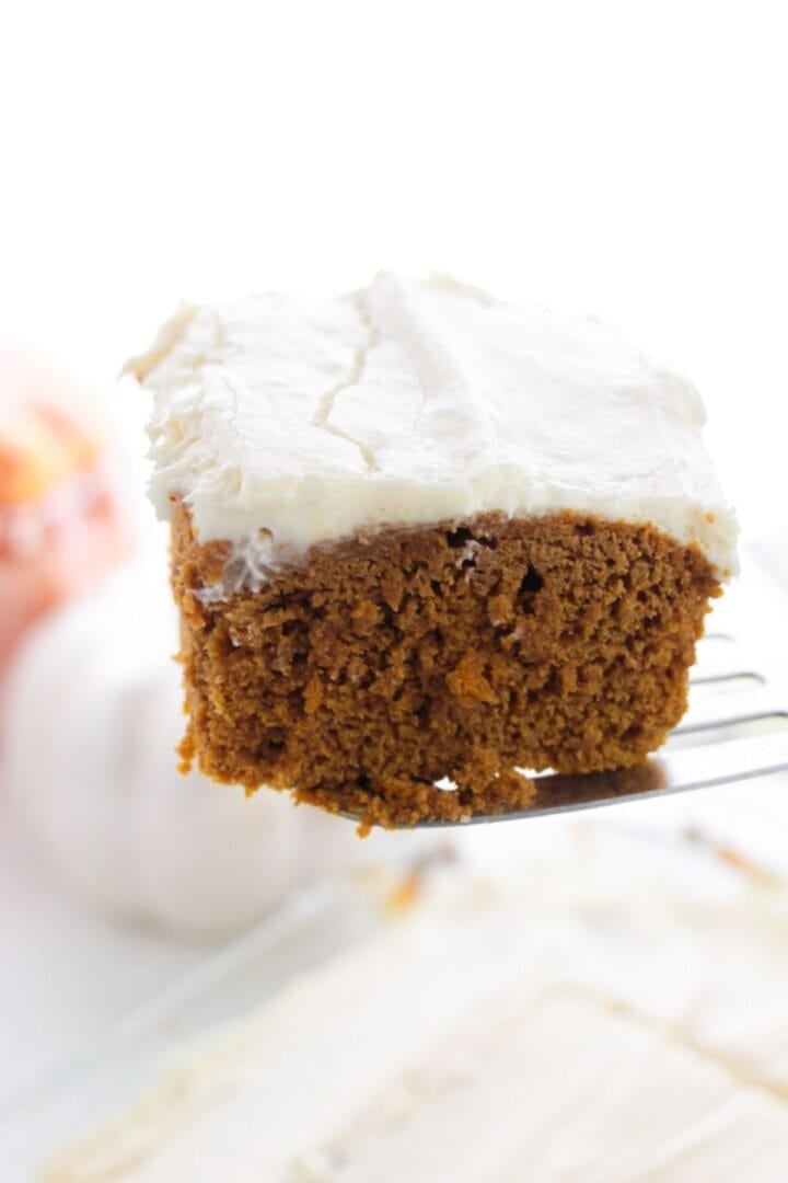 A square piece of pumpkin spice cake with white frosting is held up on a metal spatula, with a blurred background.