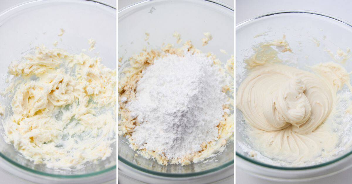 Three glass bowls show stages of mixing butter, powdered sugar, and other ingredients to make smooth, finished frosting.