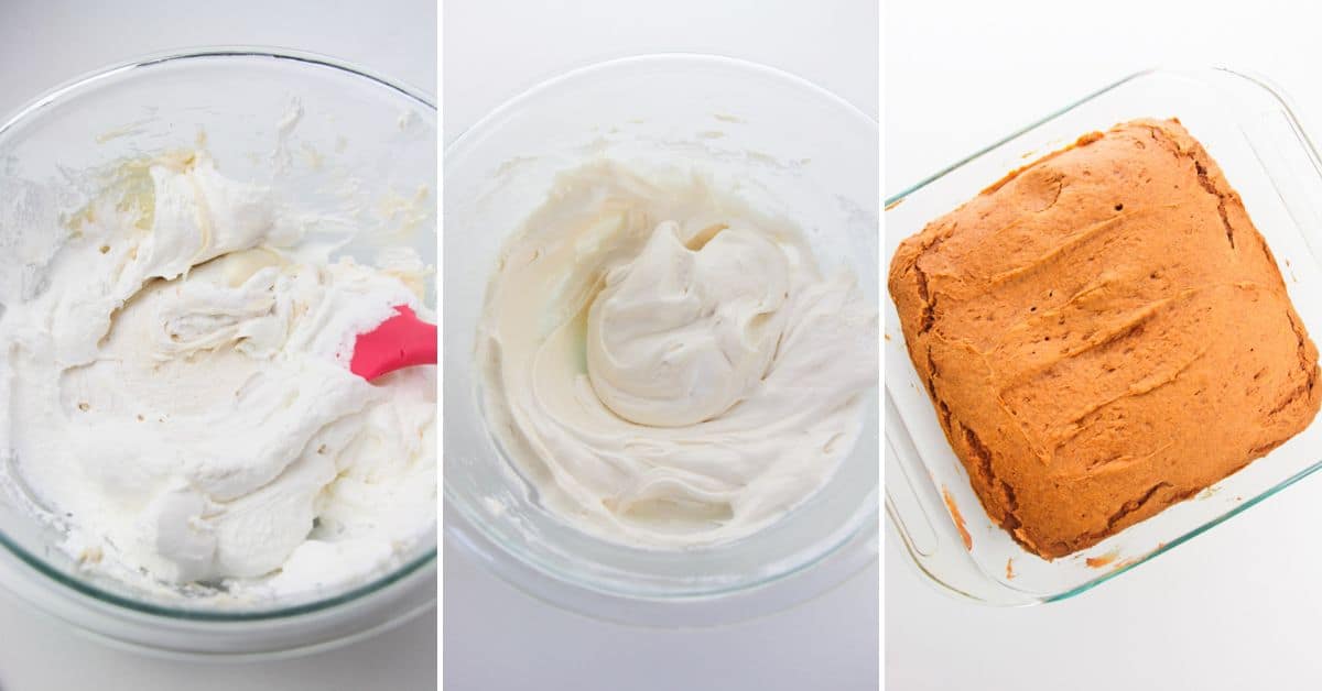 Three images: whipped cream in a bowl with a spatula, whipped cream in a clean bowl, and a baked pumpkin spice cake square in a glass dish.
