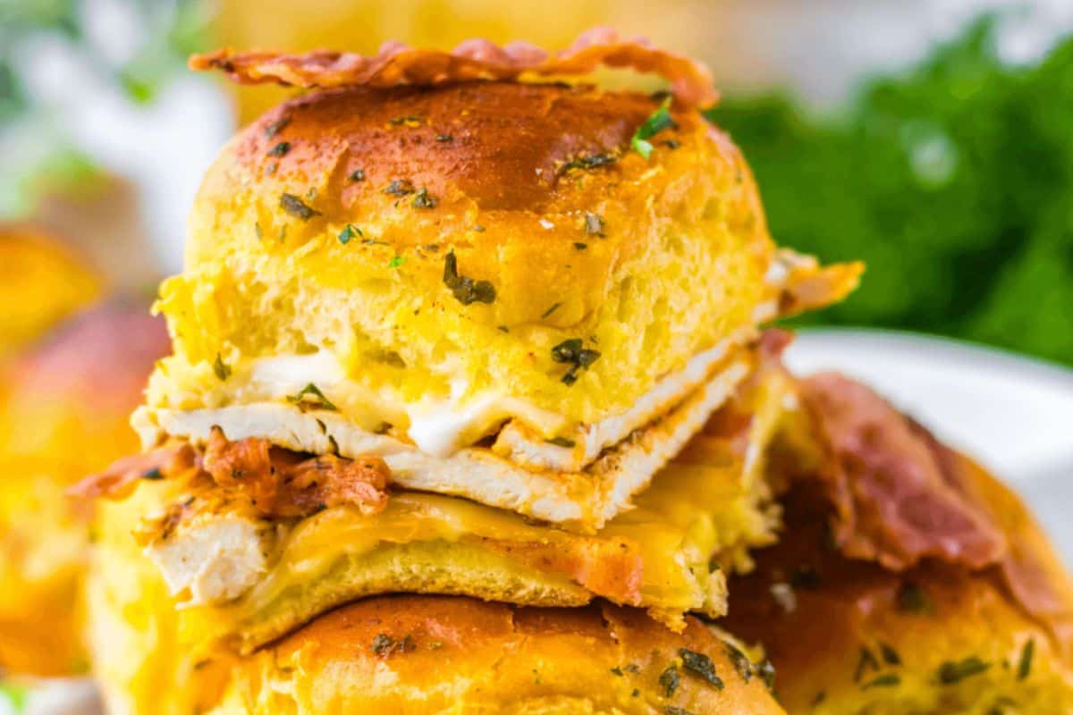 3 chicken bacon ranch sliders on a plate.