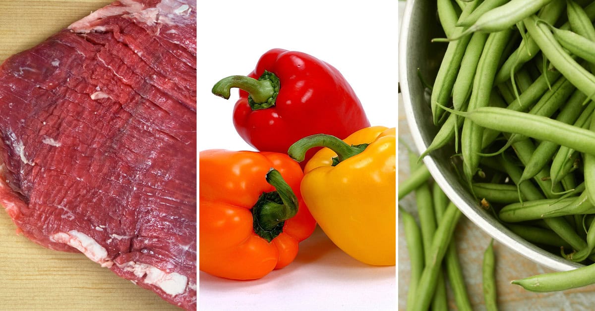 Steak, Peppers and green beans.