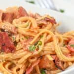 A close look at the creamy bacon pasta.