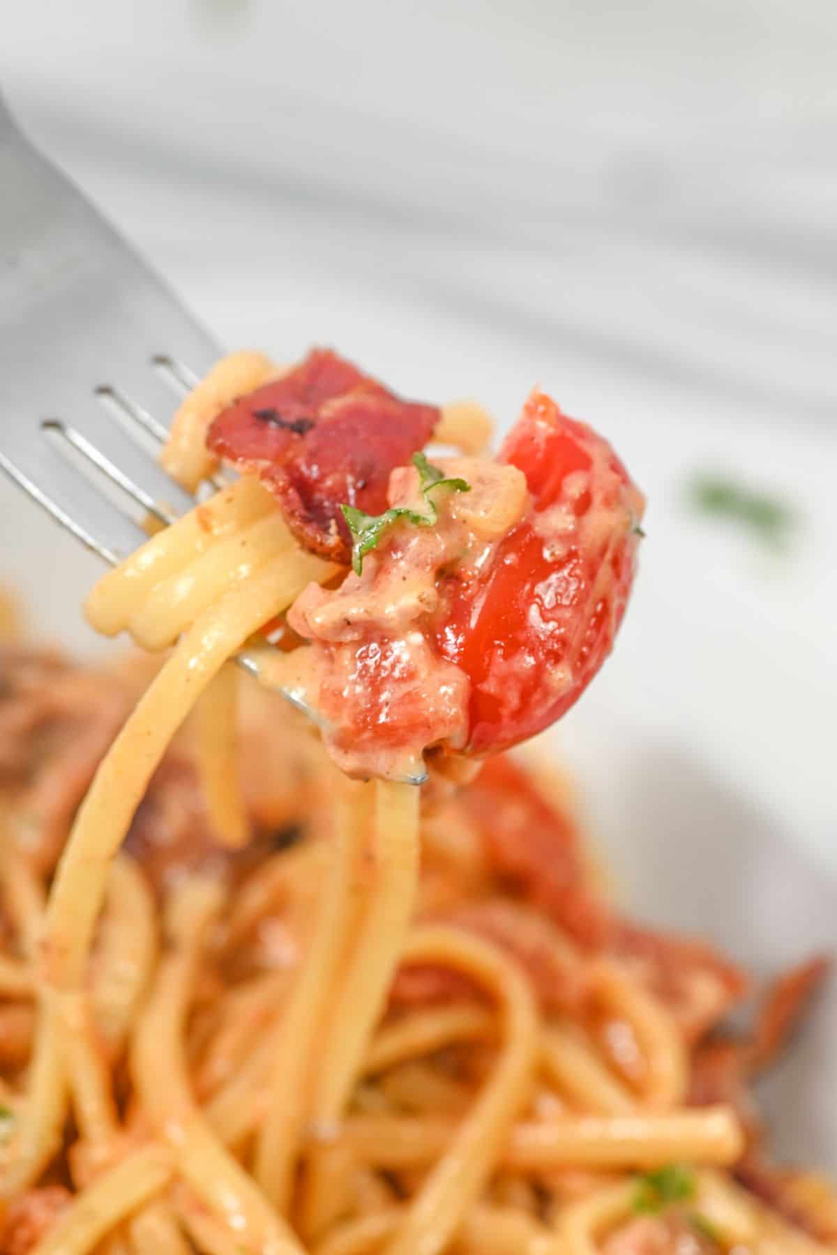 A portion of the spaghetti meal on a fork.