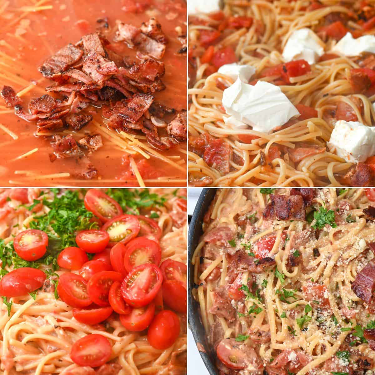 Adding the cooked pasta, bacon and cheese.