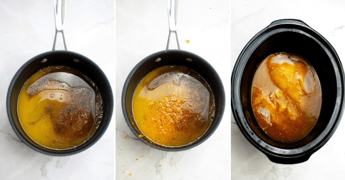 Three images display a pot with chicken broth, seasonings being added to the broth, and the mixture transforming into delectable crockpot orange chicken in a slow cooker.