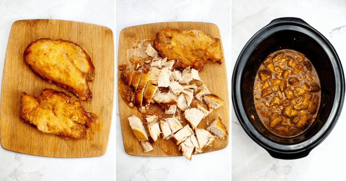 Three images depict the process of making crockpot orange chicken: cooked chicken breasts on a wooden board, diced chicken pieces, and diced chicken in a black slow cooker with sauce.