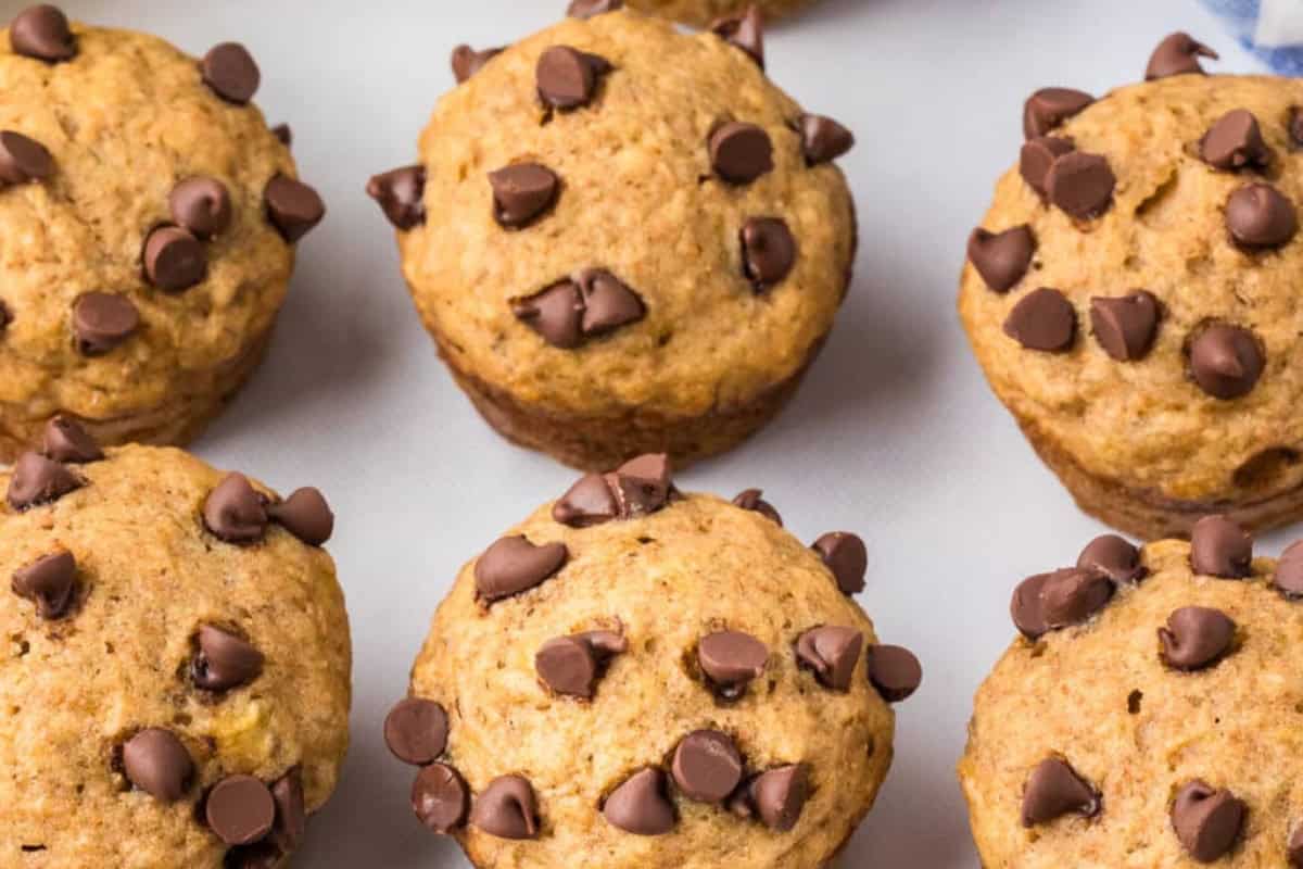 Six chocolate chip bananas muffins laid out in 2 rows on a white surface.