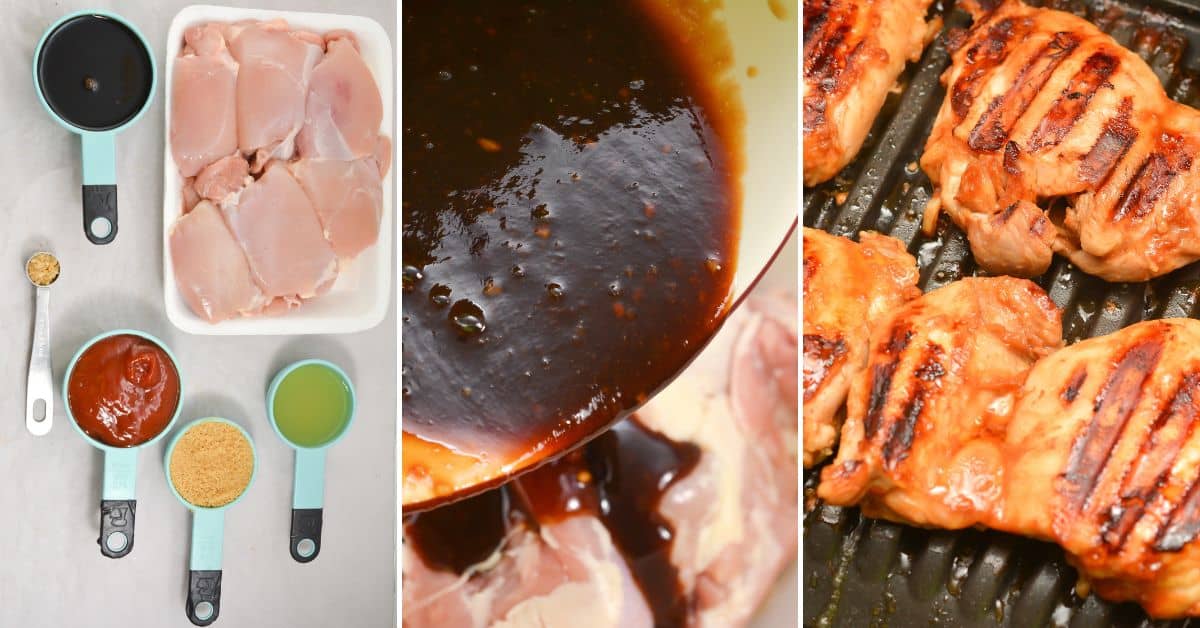 Three images: raw chicken with measuring cups of ingredients, a bowl of dark marinade being poured, and Asian Grilled Chicken thighs sizzling on the grill with perfect char marks.