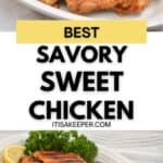Asian Grilled Chicken pieces served on a white plate with lemon wedges and parsley garnish; text overlay reads "Best Savory Sweet Chicken.