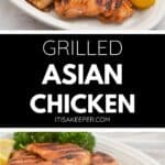 Platter of Asian Grilled Chicken pieces garnished with parsley and lemon wedges, with text in the center reading "Grilled Asian Chicken.