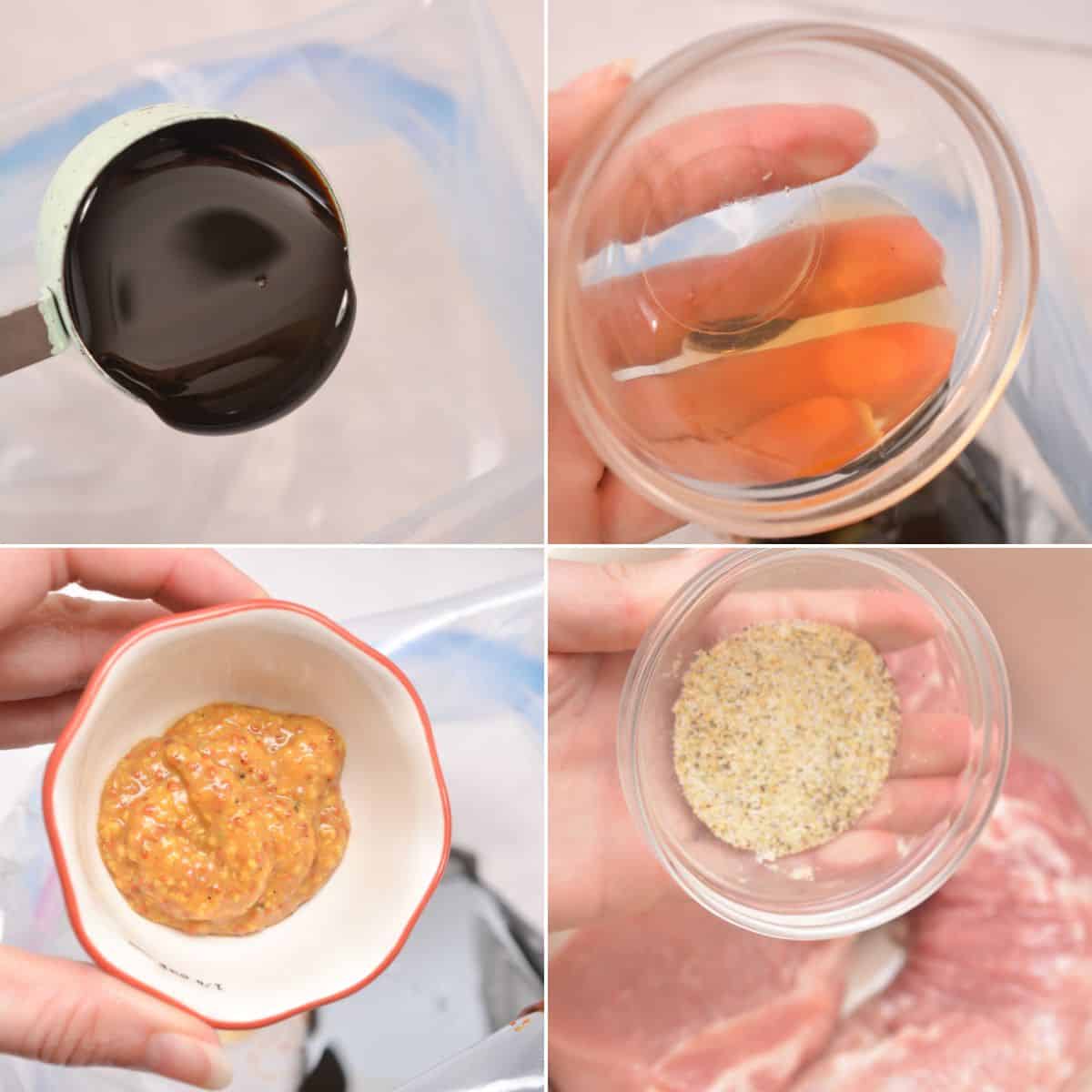 Four images show close-ups of hands holding bowls of soy sauce, apple cider vinegar, whole grain mustard, and a seasoning mix, carefully preparing ingredients for a flavorful marinade destined for marinated pork loin.