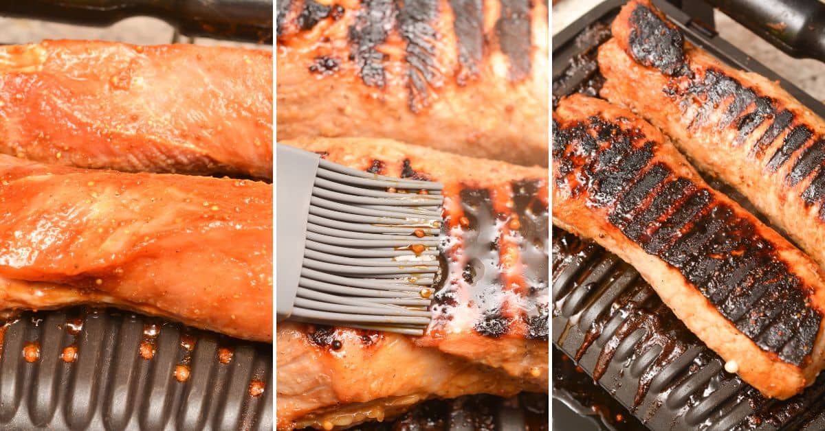 Raw pork ribs and marinated pork loin on a grill, being brushed with sauce in the middle panel, and cooked ribs with char marks in the final panel.