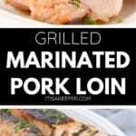 Sliced grilled marinated pork loin is served on a white plate, garnished with chopped herbs for an inviting presentation.