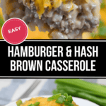 A close-up of a delectable Hamburger and Hash Brown Casserole, topped with melted cheese and garnished with fresh green onions.