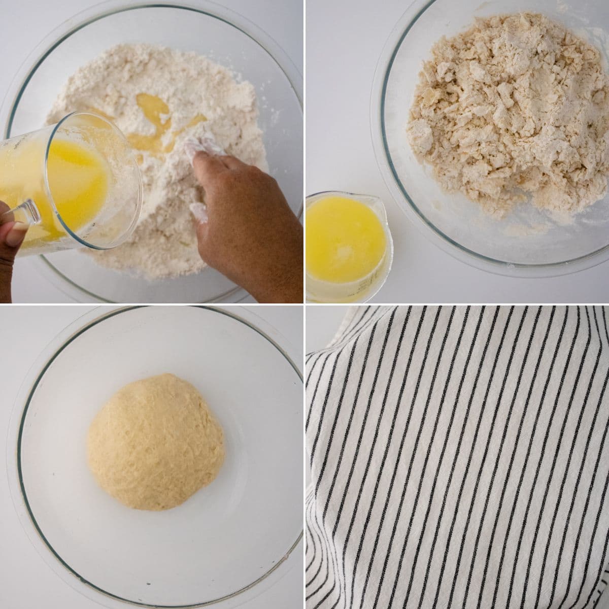Four-panel image showing homemade flour tortillas in progress: mixing melted butter into flour, forming a rough dough, a smooth dough ball in a bowl, and the bowl covered with a striped cloth.