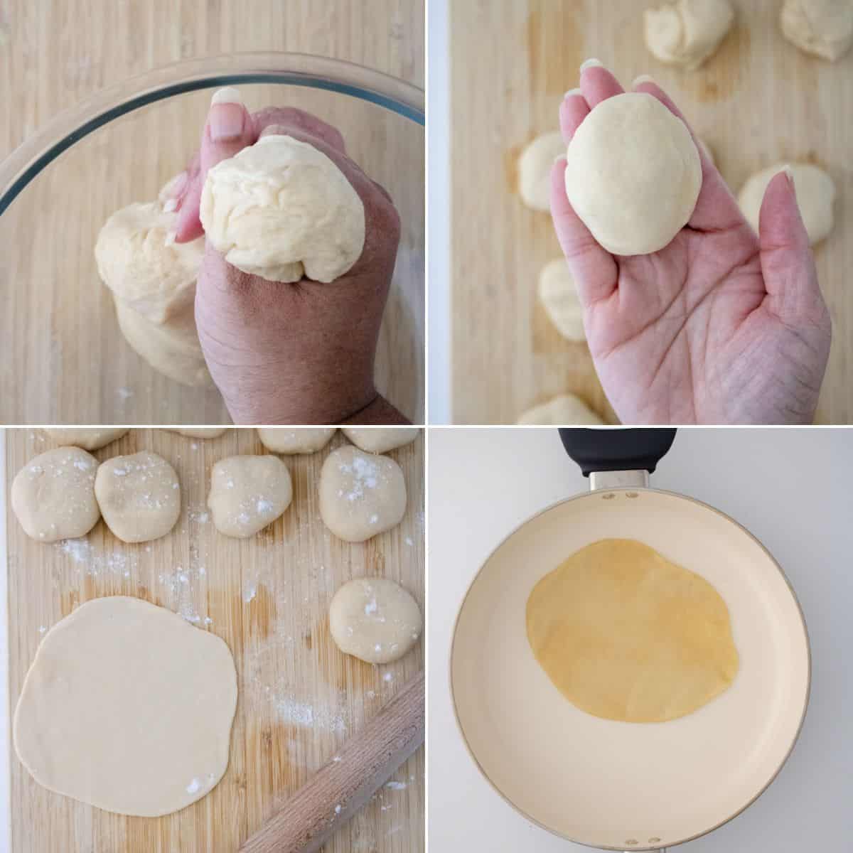 Four images show  being made: dough is kneaded, shaped into balls, rolled flat with a rolling pin, and placed in a pan ready to cook.