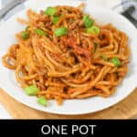A plate of Mexican Spaghetti topped with fresh chopped scallions on a white dish; text below proudly states "One Pot Delight.