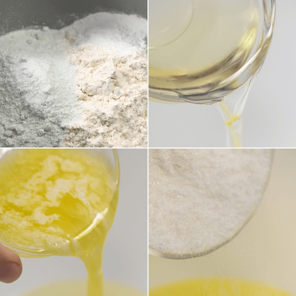 Collage of four images: flour in a bowl, oil being poured, melted butter being added, and sugar being scooped—all essential steps to craft delightful pistachio muffins.
