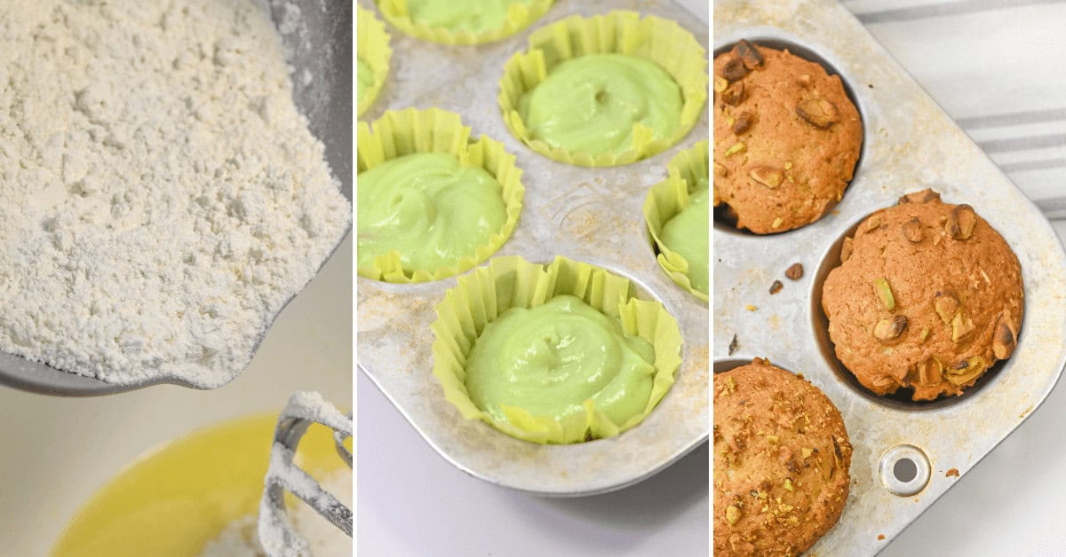 Three-step baking process: Mixing flour, pistachio, and other ingredients, pouring green batter into cupcake liners, and baking pistachio muffins with browned tops in a muffin tray.