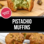 Bakery-style Pistachio Muffins with a bite taken out of one, displayed on a wooden board, surrounded by whole pistachios for that perfect crunch.