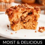 A sweet potato muffin with a bite taken out reveals its moist and crumbly texture, topped with crunchy nuts. Text reads: "Deliciously Moist Sweet Potato Muffins.
