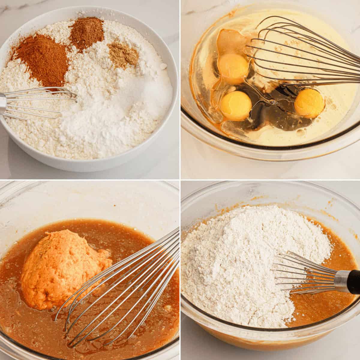 Four images illustrating the steps for making Sweet Potato Muffins: mixing dry ingredients, adding eggs to a wet mix, combining both mixes, and forming dough.