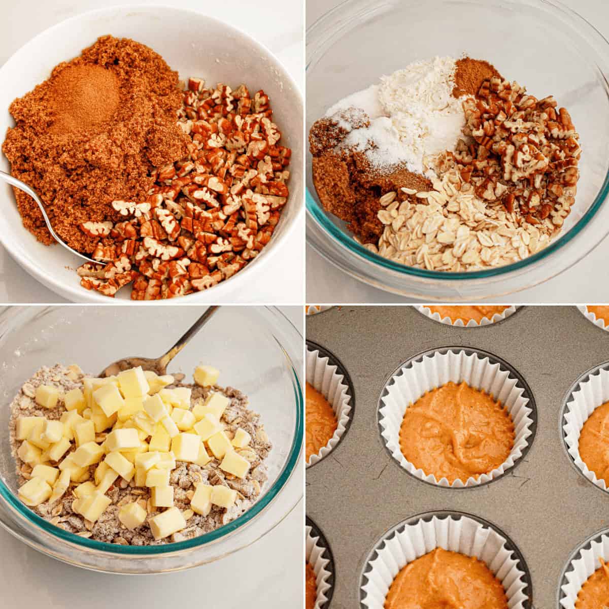 Four-step baking process for Sweet Potato Muffins: mixing dry ingredients and pecans, adding oats and spices, incorporating butter chunks, and filling muffin liners with batter.