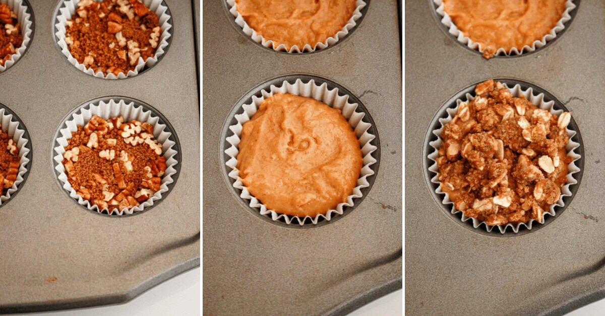 Three muffin tin sections filled with sweet potato muffin batter and crumbly toppings, ready for baking.