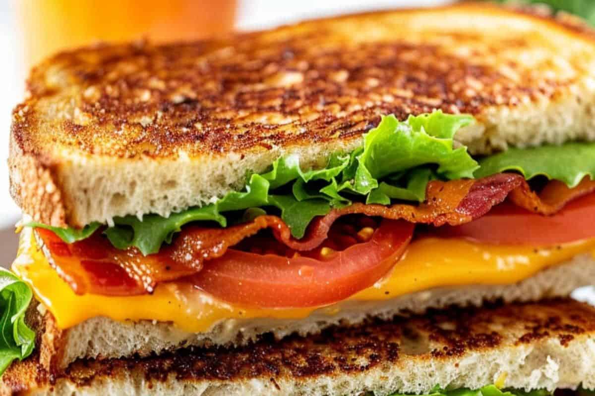 A close-up of a toasted sandwich, offering grilled cheese with a twist: crispy bacon, lettuce, tomato slices, and melted cheese meld perfectly between two slices of expertly grilled bread.