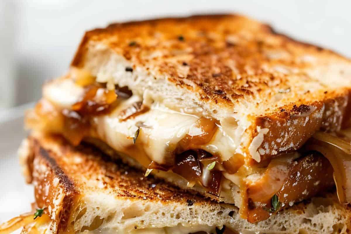 Close-up of a grilled cheese with a twist, featuring crispy bread and melted cheese, layered with caramelized onions and stacked on a white plate.