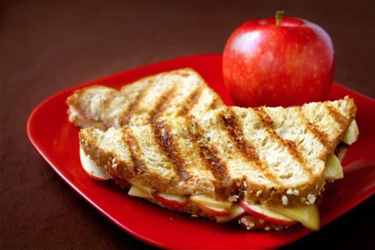 A grilled cheese with a twist: This sandwich features crisp apple slices nestled between layers of melted goodness on a red plate, paired perfectly with a whole red apple.