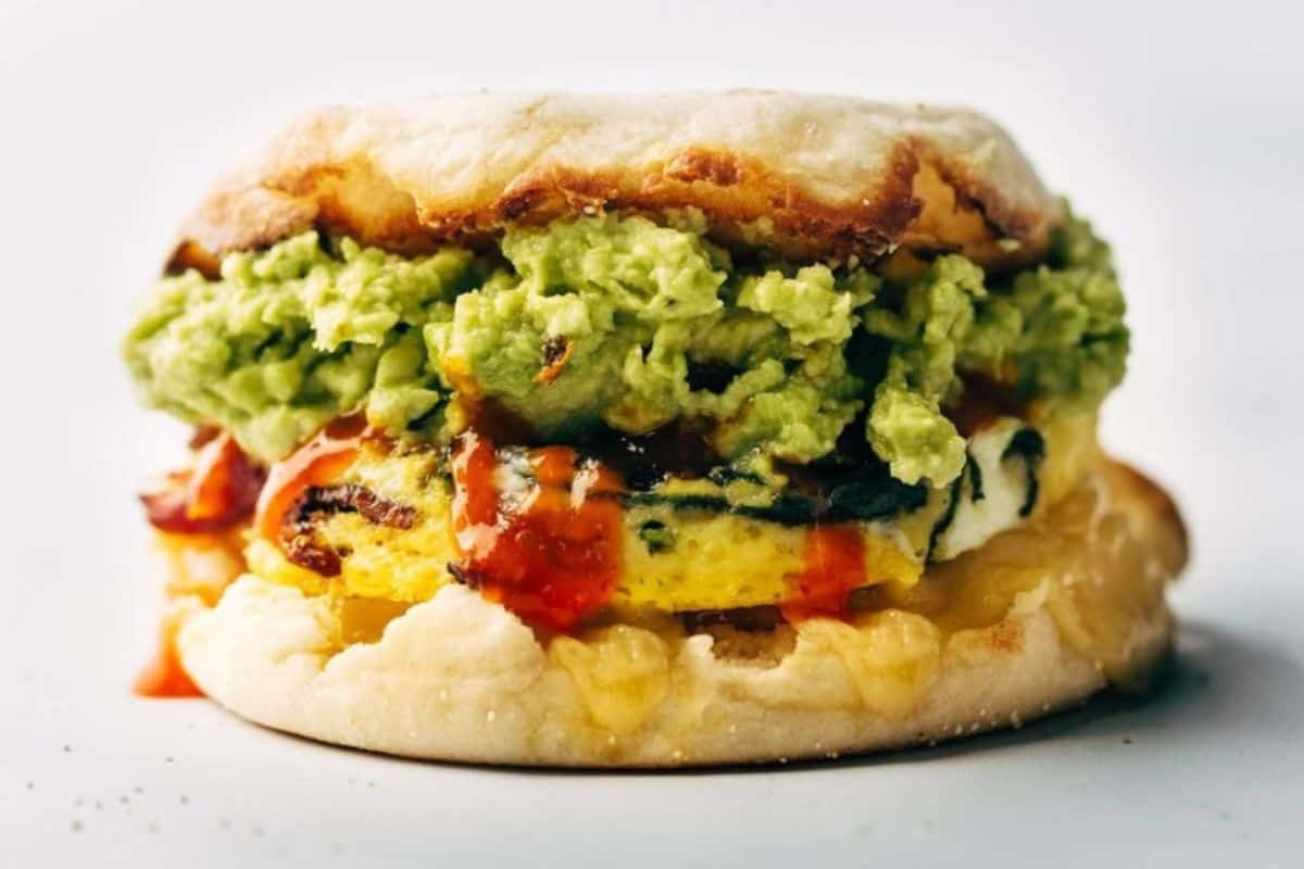 A meal prep breakfast sandwich on an English muffin.
