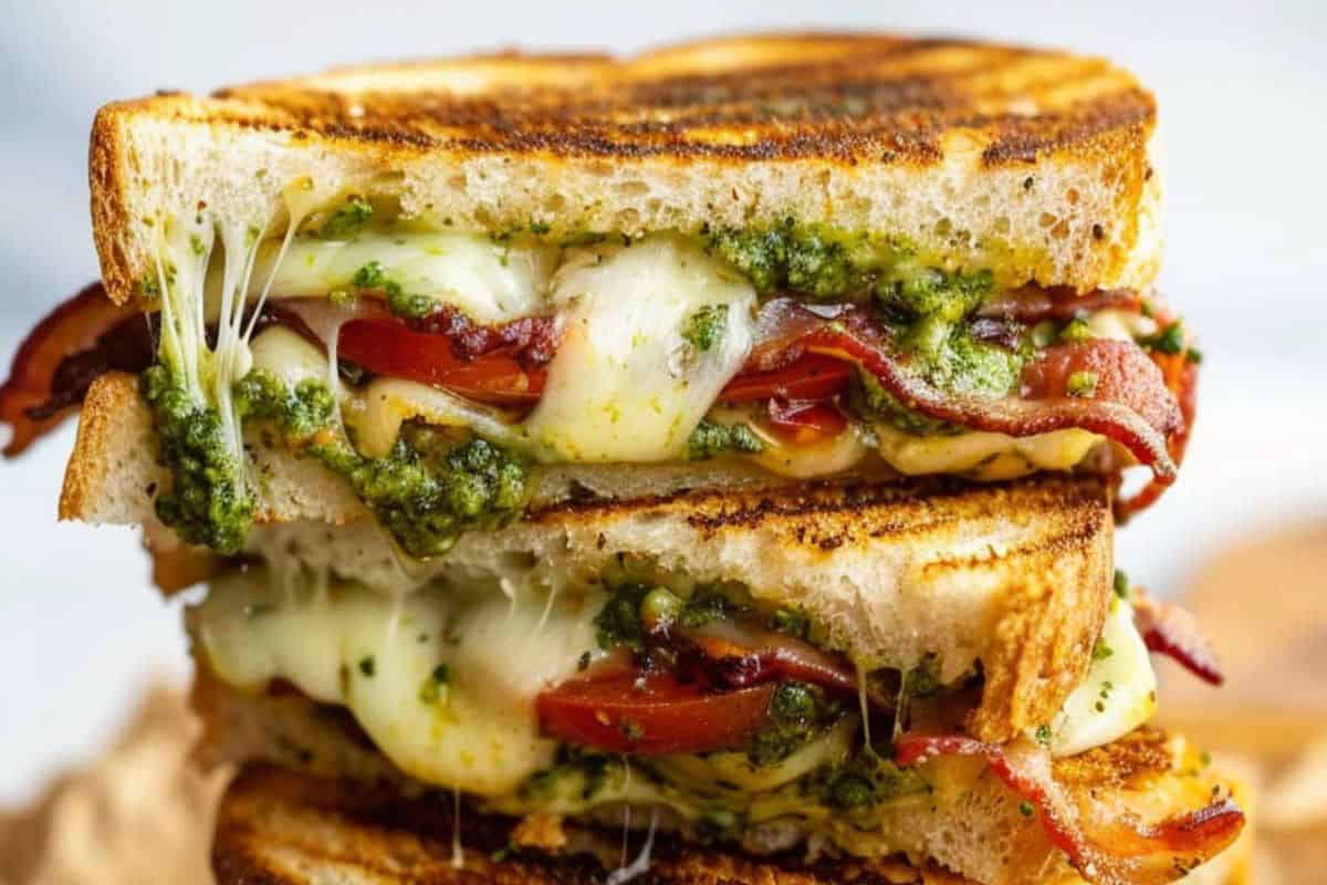 A grilled cheese with a twist, featuring melted cheese, juicy tomato slices, crispy bacon, and a smear of pesto sauce. Perfectly cut in half and artistically stacked on a plate for an enticing presentation.