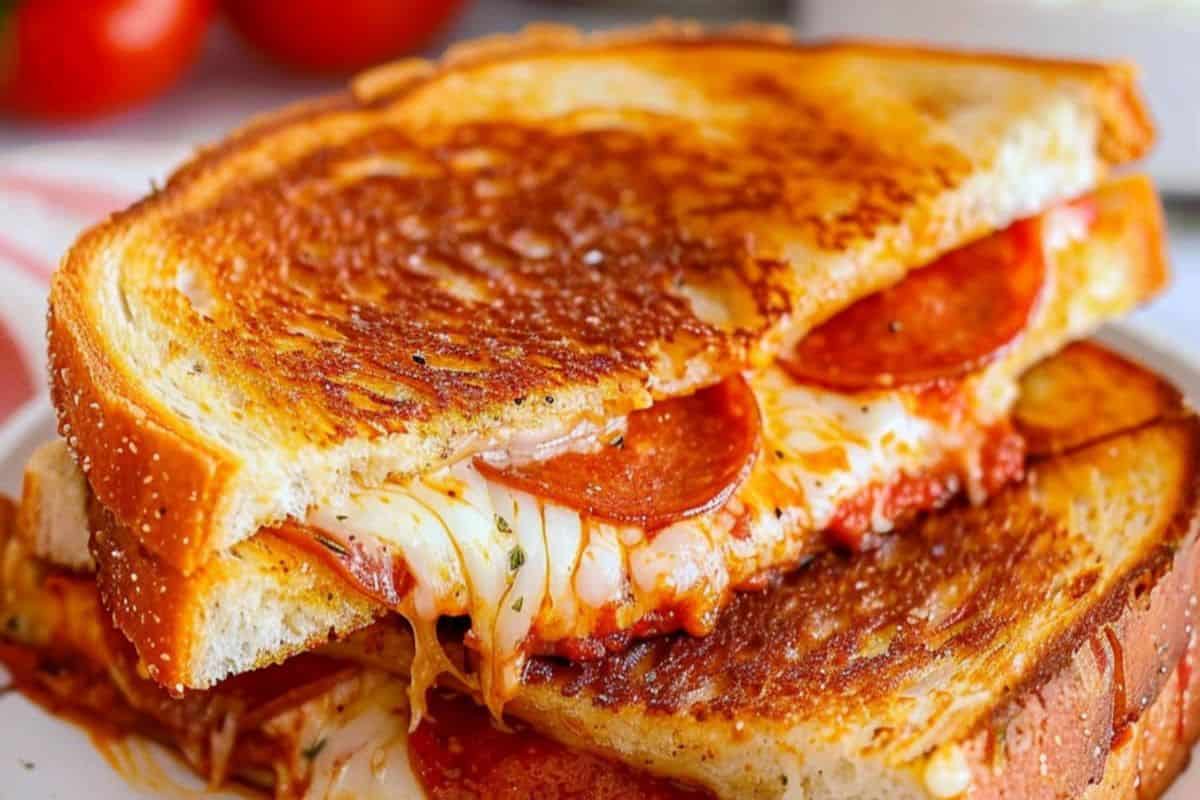 A grilled cheese with a twist: melted cheese and pepperoni meld perfectly on toasted bread, stacked neatly on a plate.