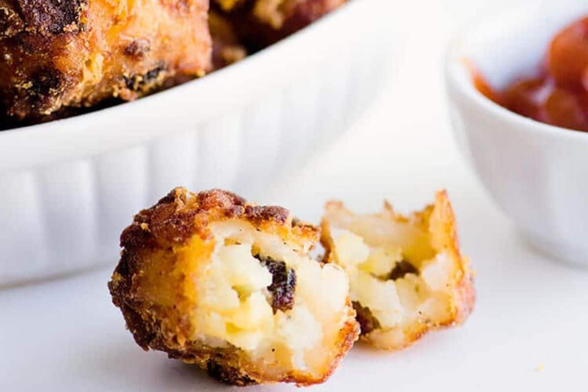 A close-up of Bacon and Cheese Homemade Tater Tots.