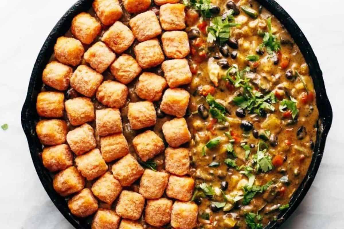 Southwest Sweet Potato Tater Tot Hotdish served in a skillet.