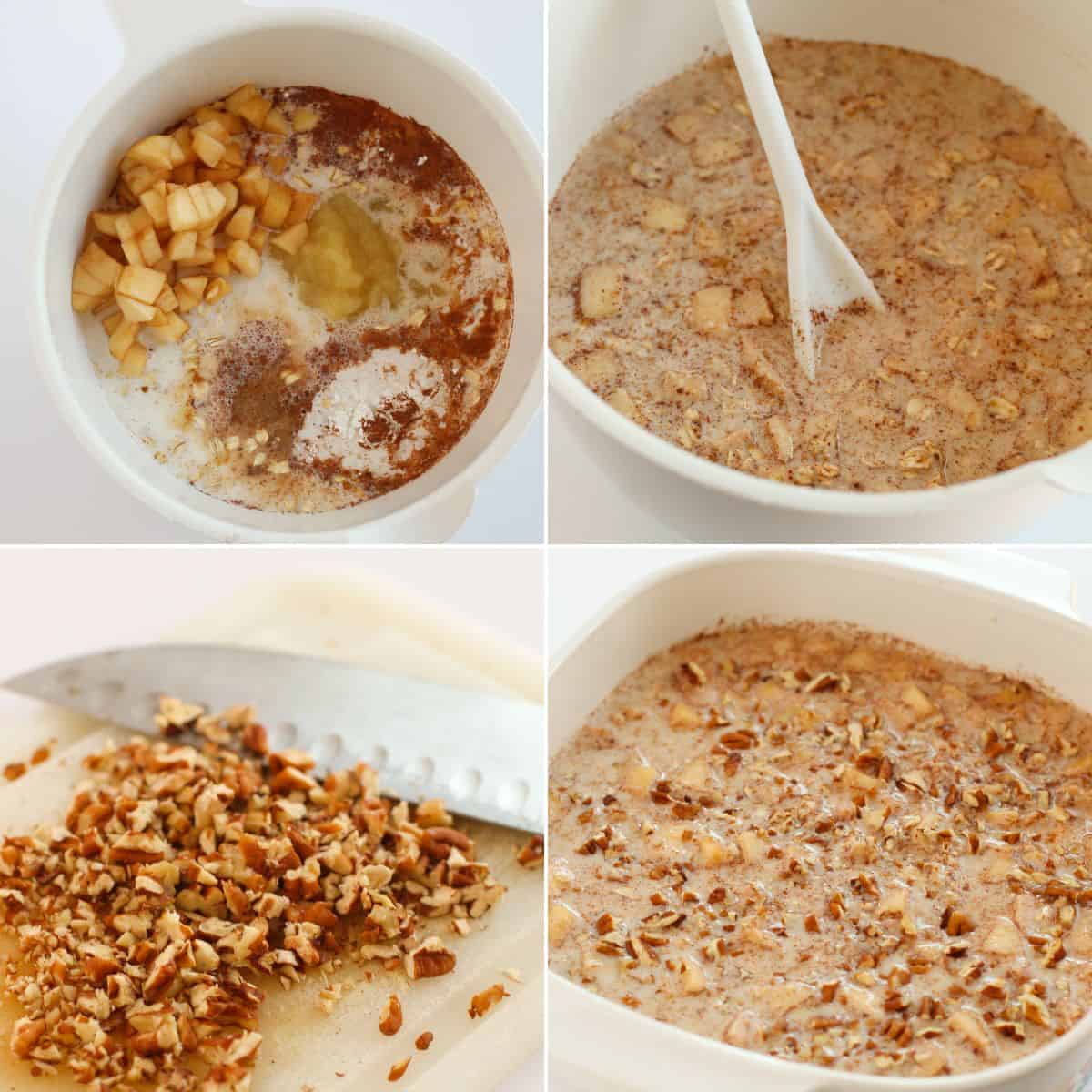 Four-step collage: mixing chopped apples, oats, and spices in a bowl for delicious Baked Apple Oatmeal, stirring the mixture, chopping nuts, then adding chopped nuts to the apple oatmeal mixture in a baking dish.
