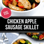 A white bowl filled with savory Apple Sausage Chicken, zucchini, red peppers, and other fresh vegetables sits on the table alongside a fork, knife, napkin, and another bowl of the same hearty chicken skillet dish nearby.