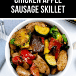 Bowl filled with chicken apple sausage, zucchini, red bell pepper, yellow squash, and Brussels sprouts, viewed from above—a vibrant Apple sausage skillet perfect for a wholesome meal.